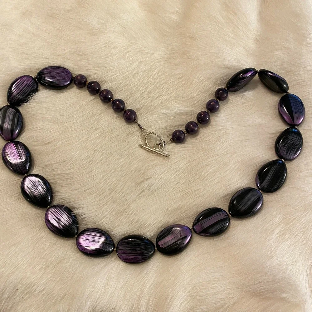 Retro Metallic Purple Necklace Painted Black Beads Y2K Disco Fairy Boho 4785
